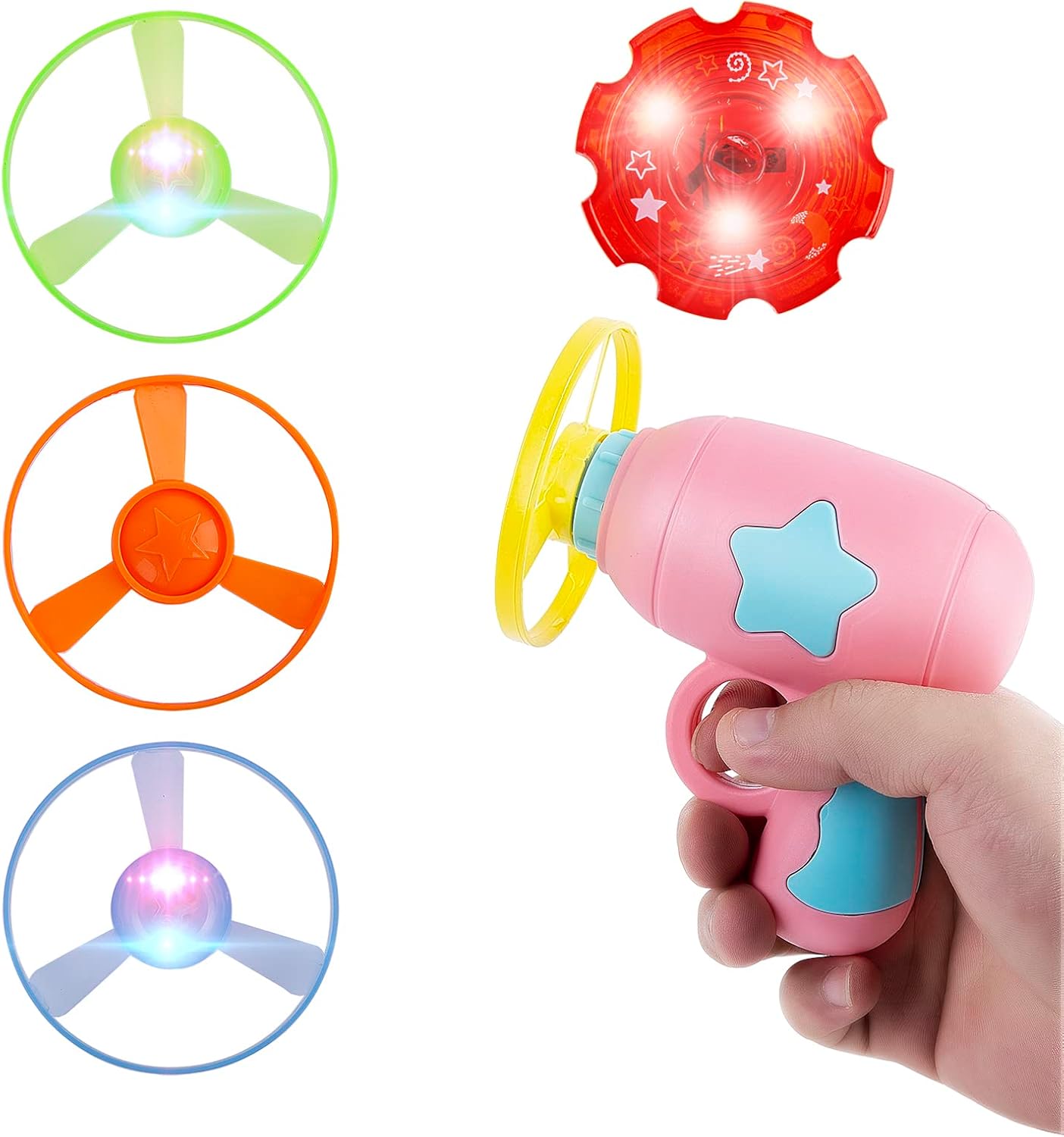 Berry President Flying Saucer Toy, Flying Disc Launch Playset with Rotating Flash Light, Indoor Outdoor Twist Shoot Toy for Kids Aged 3 Years Old & Up (Yellow)