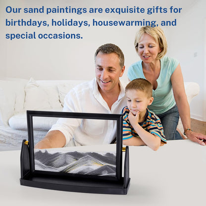 BOLGRLONG Moving Sand Art Liquid Motion 3D Dynamic Mountains Sandscape Painting, Square Glass Sands Painting with Easy-Flip Stand, Sensory Relaxing Decor for Home and Office (9") (Black)