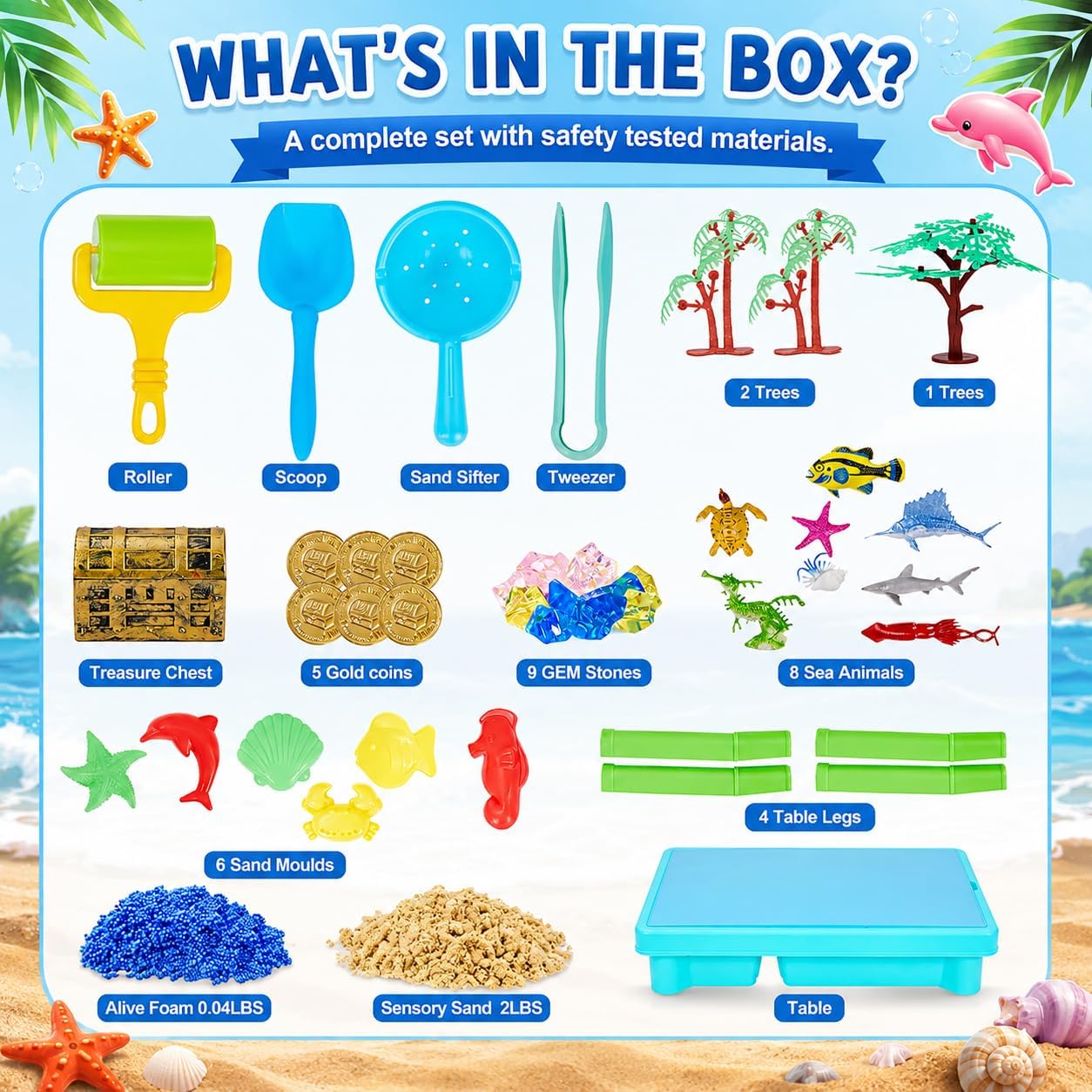 Carolart Ocean Sensory Table with Sands, Bin with Lid, Indoor Outdoor Use, Sand Art Kit for Boys and Girls, Toys for Toddlers Age 3-5, 17x11.5x10.2 Inches