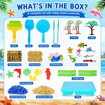 Carolart Ocean Sensory Table with Sands, Bin with Lid, Indoor Outdoor Use, Sand Art Kit for Boys and Girls, Toys for Toddlers Age 3-5, 17x11.5x10.2 Inches