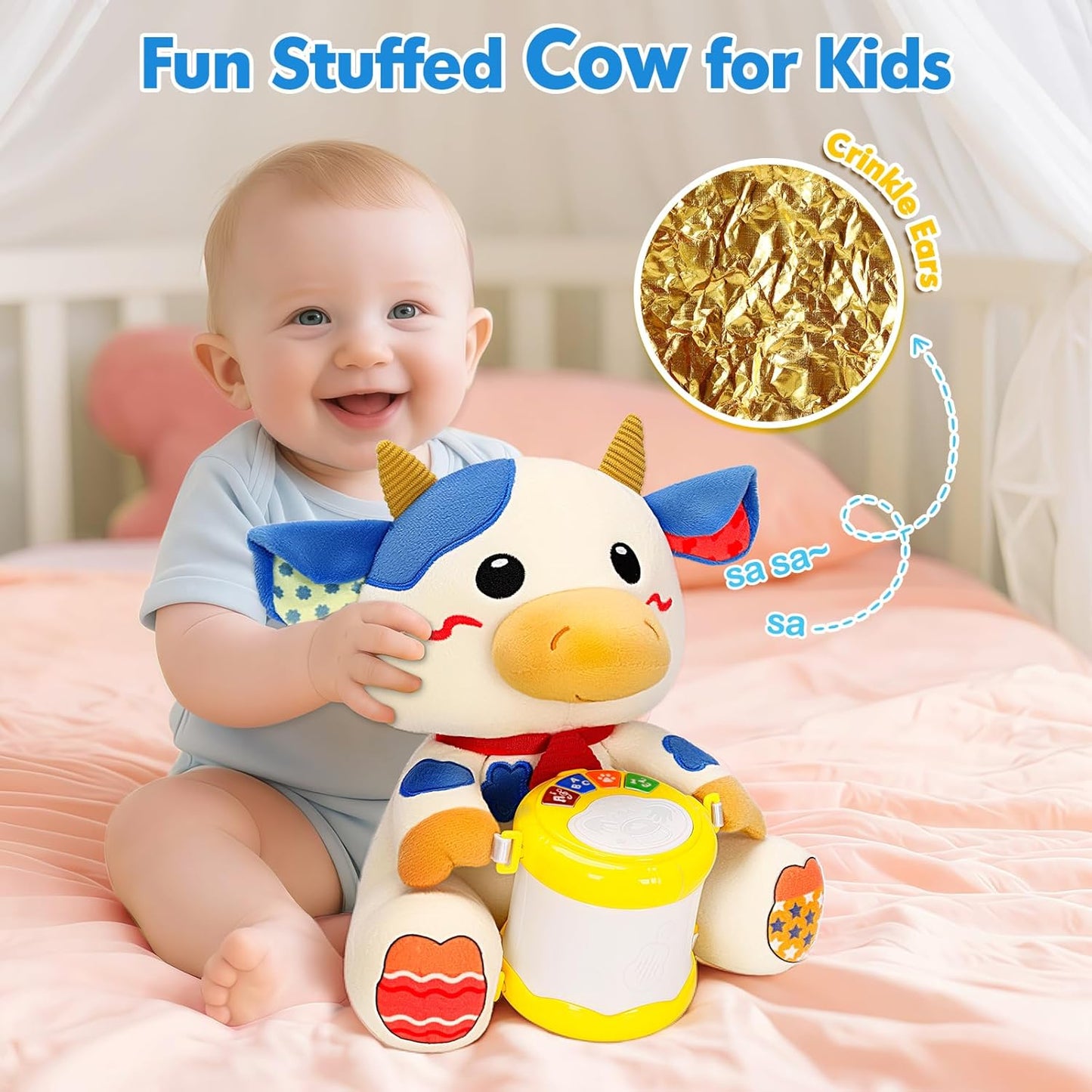 V-Opitos Stuffed Bear Musical Toys for Baby 6-12 Months+, Early Learning Light up Music Drum, Perfect Christmas Birthday Gifts for Boy & Girl Age 1, 2 Years Old