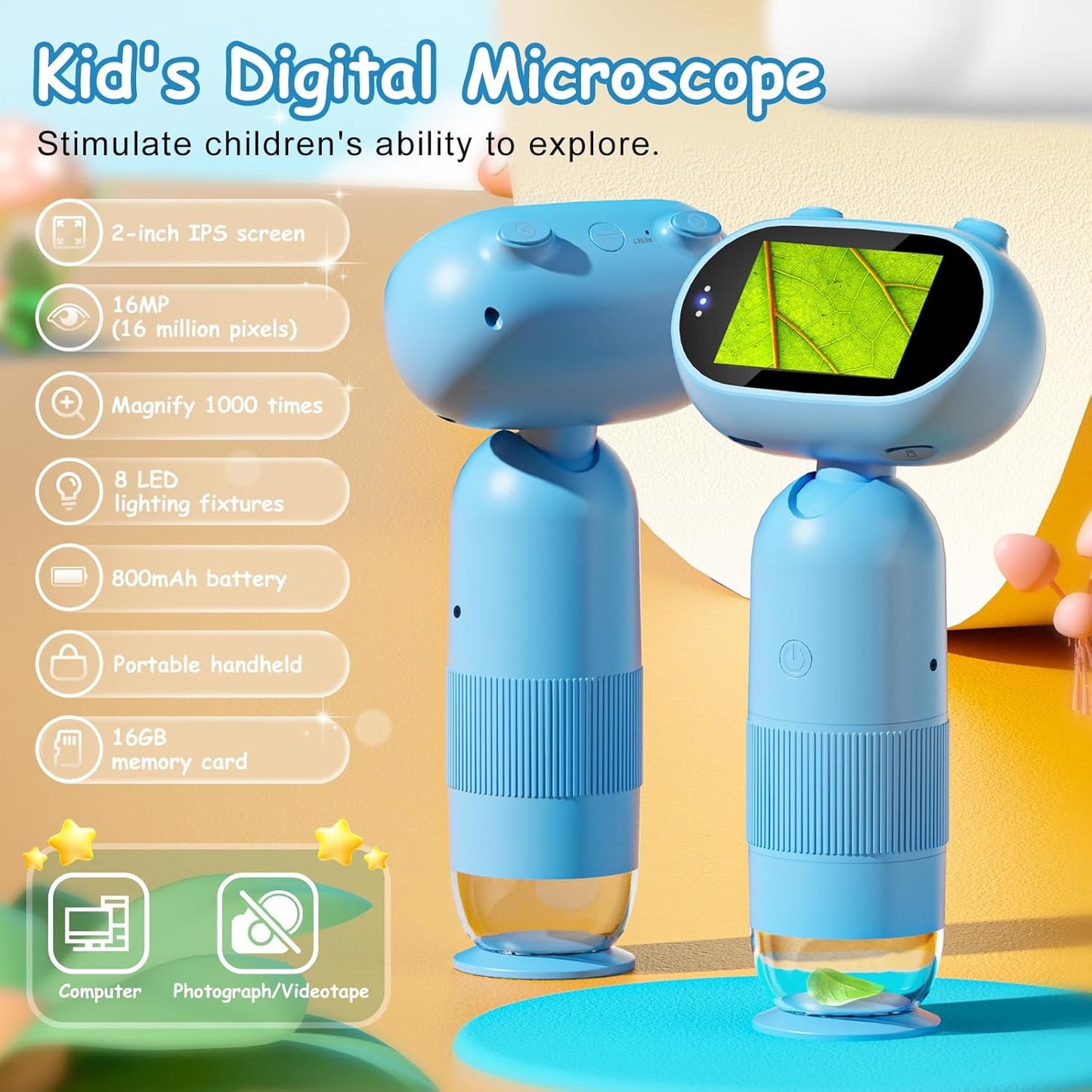 Kids Microscope 1000X Portable Microscope for Kids, Slides Digital with 2" Screen, Mini Handheld Magnifier, Pocket Coin Magnifying Glass with Light, HD 16MP Camera and 1080P Video
