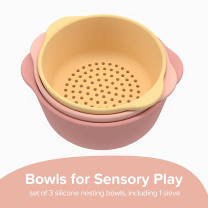 Inspire My Play - 3 x Nesting Bowls and Sieve - Perfect for Sensory PlayTray - Sensory Bin Accessories - Special Education Classroom Supplies - Montessori Education Toys - Natural