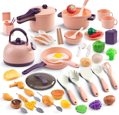60Pcs Kids Mini Play Kitchen Accessories, Pretend Cooking Play Set with Cookware, Tableware & Fruit & BBQ Sets, Learning Gift for Boys, Girls, Toddlers,Yellow