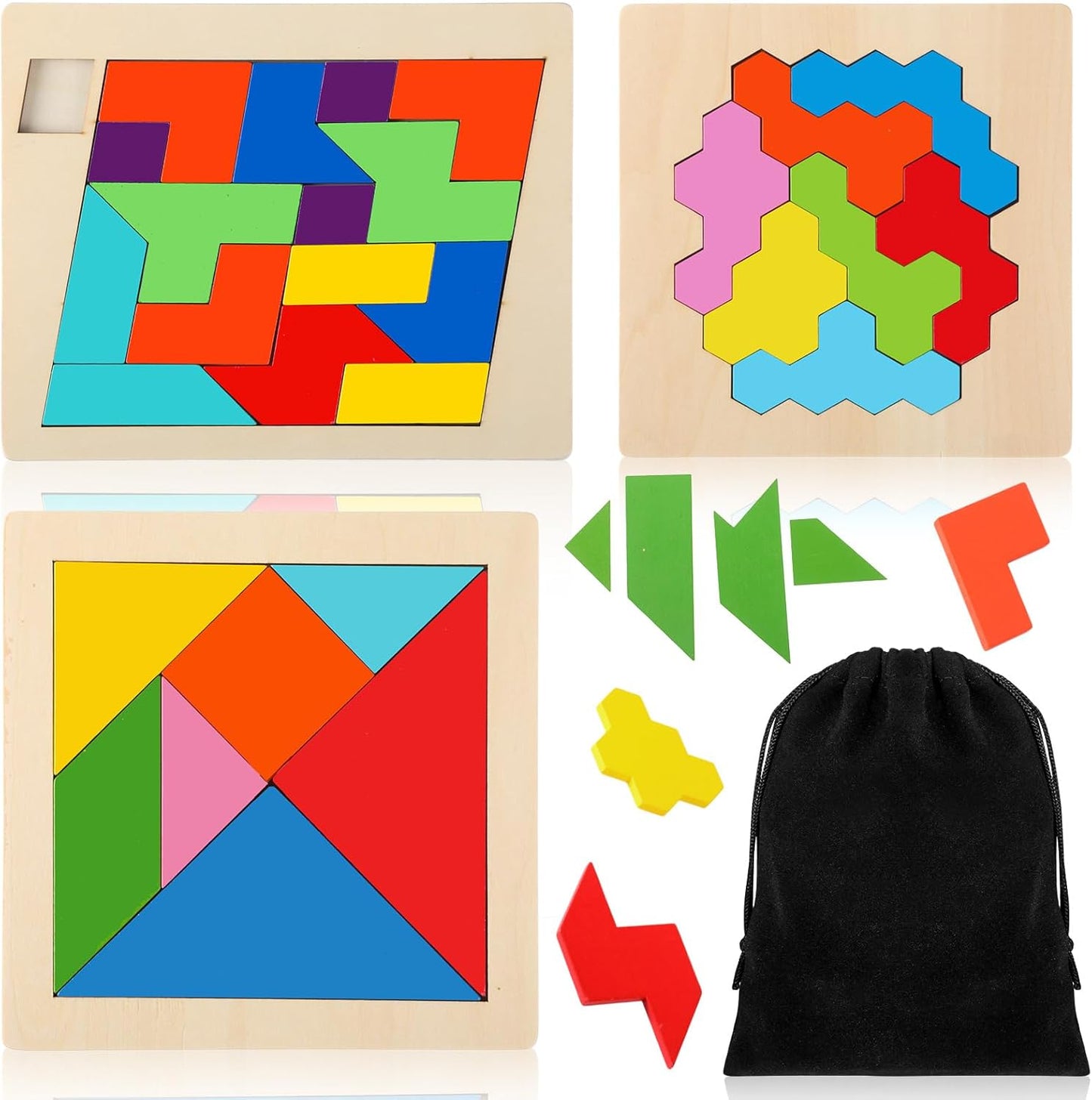 Yunsailing 3 Pack Large Hexagon Tangram Puzzle Wooden Brain Puzzles for Adult Challenge Wood Russian Blocks Brain Teasers Geometric Jigsaw Block Logic Iq Stem Family Graduation Gifts(Vintage)