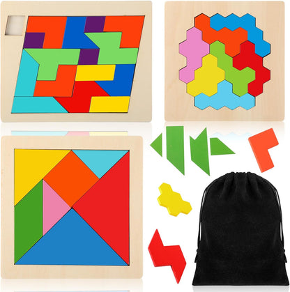 Yunsailing 3 Pack Large Hexagon Tangram Puzzle Wooden Brain Puzzles for Adult Challenge Wood Russian Blocks Brain Teasers Geometric Jigsaw Block Logic Iq Stem Family Graduation Gifts(Vintage)