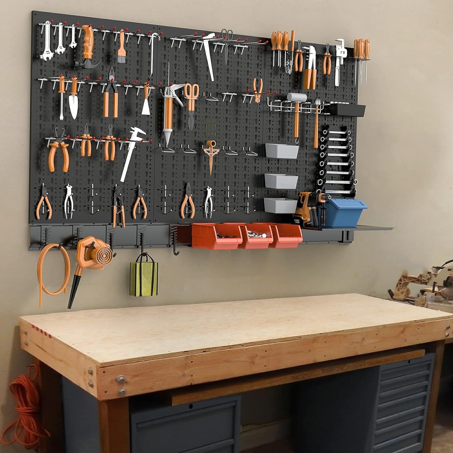 TORACK 109 PCS Pegboard Wall Organizer 4 ft. Garage Metal Pegboard Utility Tool Storage Kit w/Toolboard Hooks & Pegboard Hooks Accessories, Wall Mounted Storage Bins & Shelf