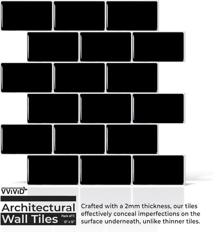 VViViD 11 Sheets Peel and Stick Grey Gloss Faux Ceramic Brick Wall Tiles, Self Adhesive Backsplash 12”x12”, 2mm Thick Kitchen, Bathroom (11 sq. ft.)