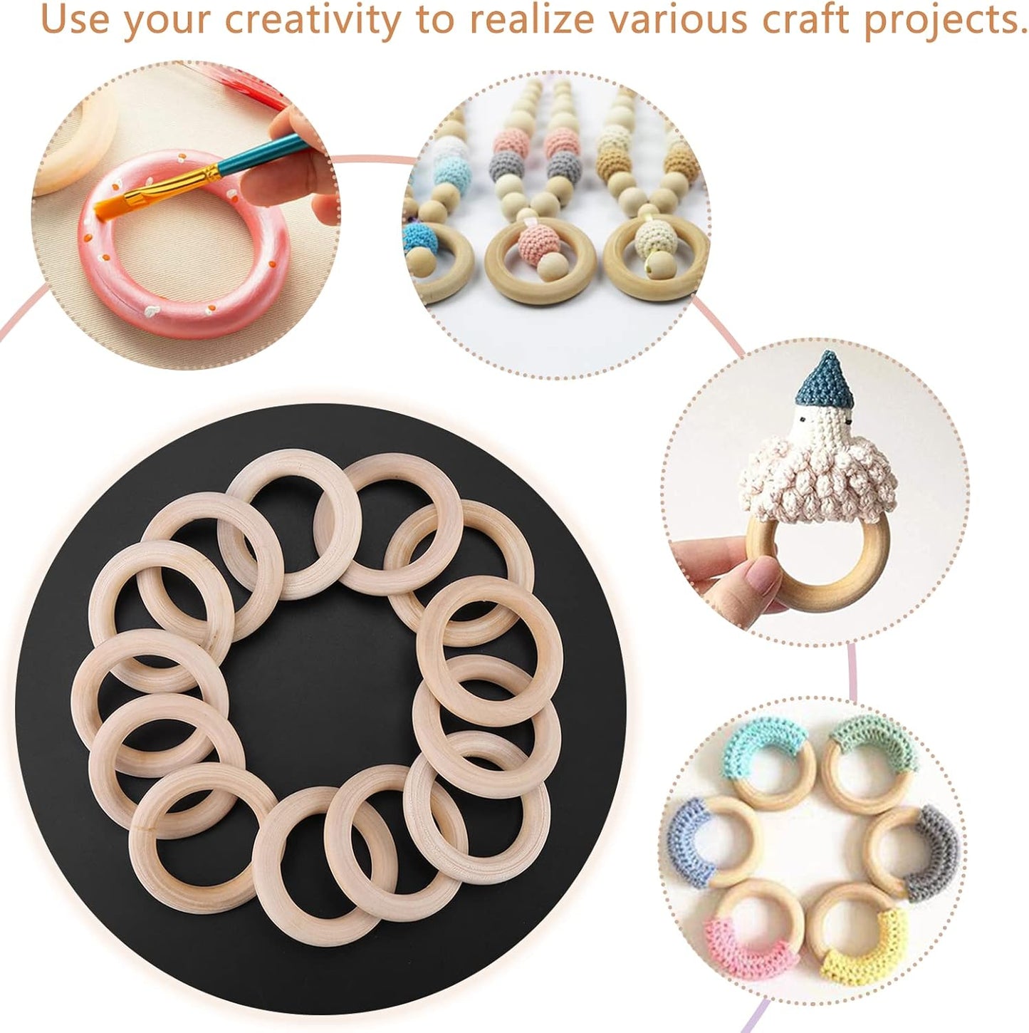 Watris Veiyi 50Pcs Natural Wood Rings, Wooden Rings for Crafts, Unfinished Wood Circles, 50mm Smooth Wooden Rings for Macrame Rings Knitting Jewelry Making