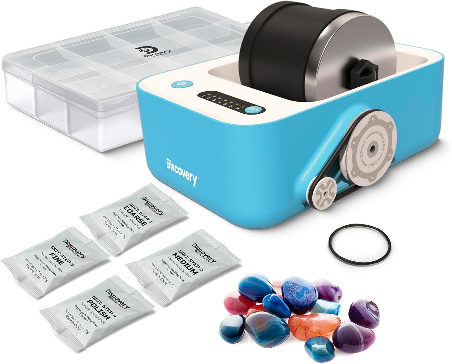 Discovery™ Rock Tumbler Deluxe Set – Stone Polishing Kit with Rocks, 4 Grits, Gem Case| STEM Science Project Kit for Kids & Beginners| Cool Toy for Boys & Girls Ages 8+