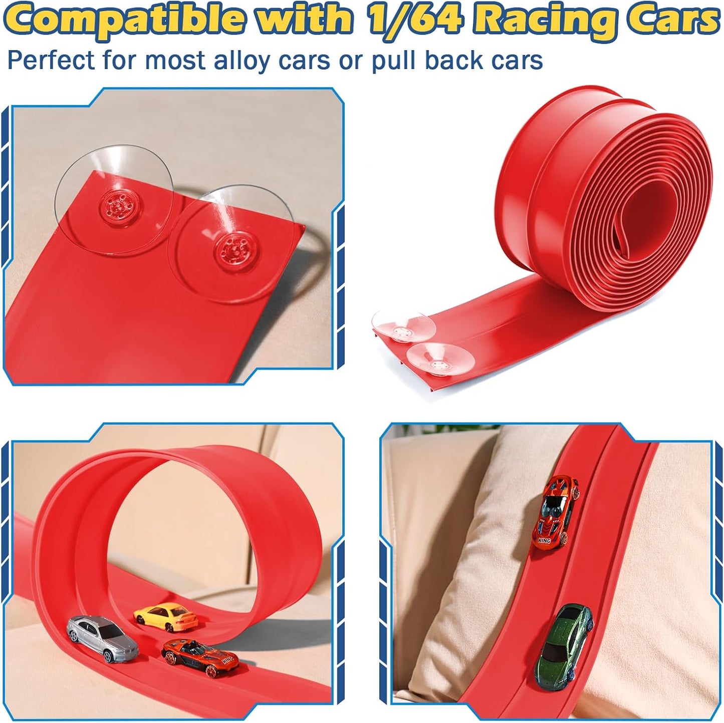 Flex Tracks 15 Ft Starter Set Flexible Race Track for Kids 3+, Flexible Car Track Race Car Ramp Track Compatible with Diecast 1/64th Cars, Portable Rolls Up Race Tracks with Strong Suction Cups