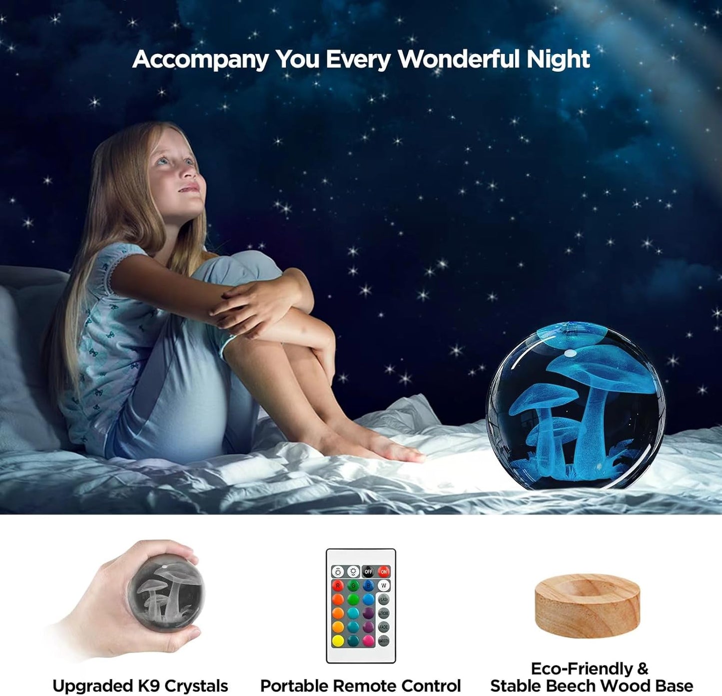 3D Solar System Crystal Ball Night Light with 16 Color LED Wooden Base, Upgraded 3.15 Inch Galaxy Planets Glass Ball Lamps with Remote for Birthday Christmas, Astronomy Space Gifts for Boys Girls