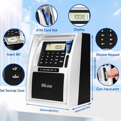 BKstar Kids Talking ATM Piggy Bank for Real Money with Dual Debit Cards, Power-Off Memory, Auto-Opening Drawer, Onekey Shutdown, Bill Feeder, Coin Recognition, Balance Calculator Machine