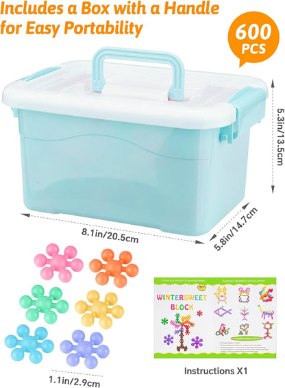 Snowflake Interlocking Building Block Educational Toy 300PCS for Kids Ages 3+, Multi-Color Solid Plastic Early Learning Creativity STEM Toy with Carrying Case Safe Material