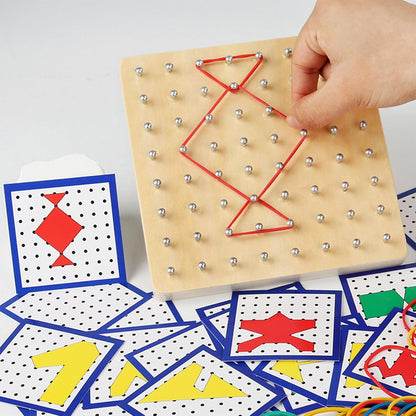 Fun Educational Toy with Wooden Geoboard and Elastic Rubber Bands for Fine Motor Skills Logical Thinking Development Educational Rubber Band Board