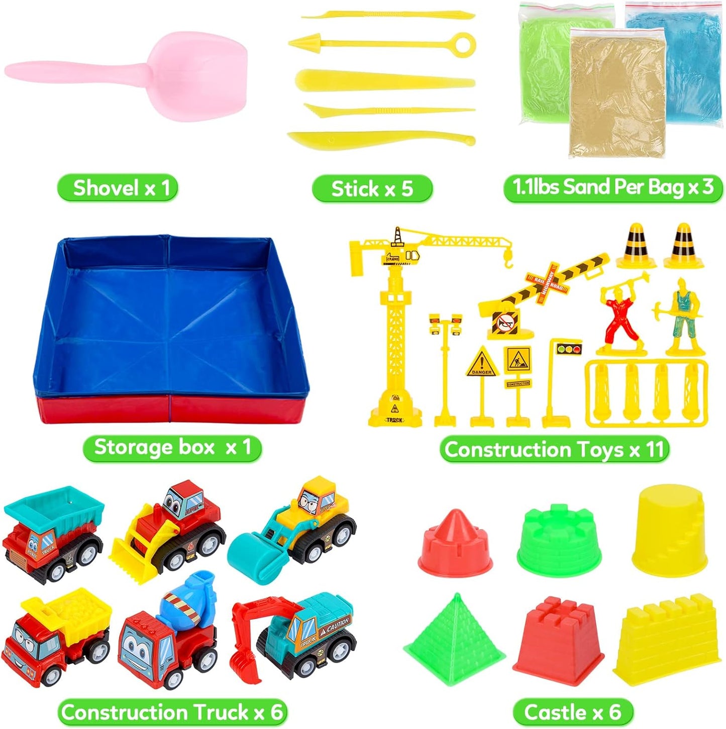 GarveeLife Kids Sand Kit, 43PCS Set w/Tools, 6 Construction Trucks & Castle Molds, Foldable Sand Box Storage Bin Tote, Toys for Boys Girls