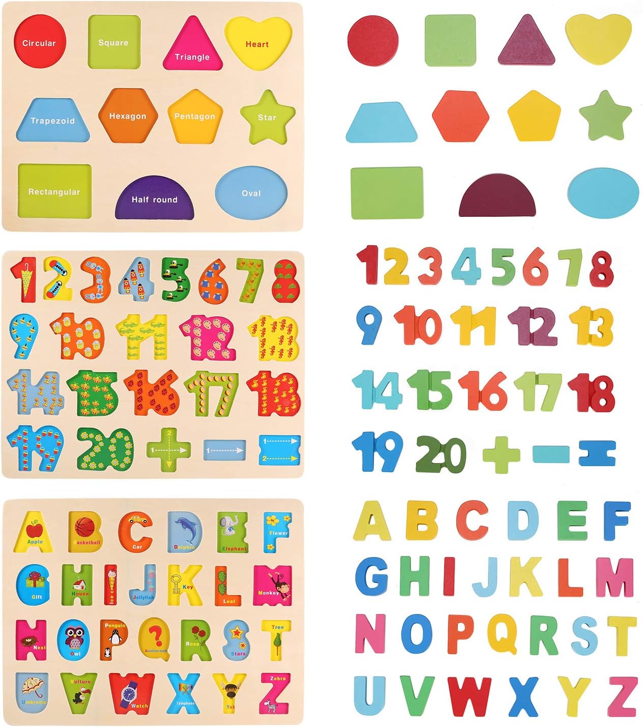 Wooden Puzzles for Toddlers, LENNYSTONE Wood Alphabet Number Shape Puzzles Kids Preschool Learning Toys for Boys Girls Ages 2 3 4 5 Year olds