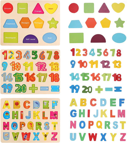 Wooden Puzzles for Toddlers, LENNYSTONE Wood Alphabet Number Shape Puzzles Kids Preschool Learning Toys for Boys Girls Ages 2 3 4 5 Year olds