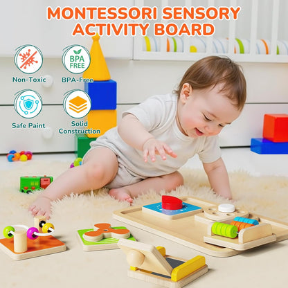Montessori Busy Board for Toddlers 1-3, 6-in-1 Sensory Activity Cube, Fine Motor Skills Learning Toy with Bead Maze, Gears & Spinner, Quiet Travel Toy for 1 Year Old Boy and Girl Gifts