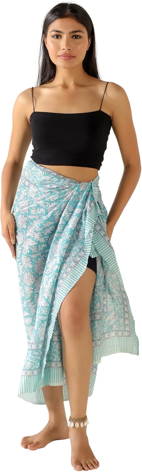 100% Cotton Sarong Cover Up for Women Indian Block Print Beach Wrap Skirt Long Boho Swimsuit Bikini Pareo (73” x 43”)