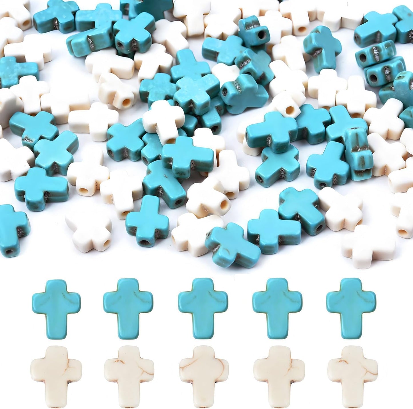 100pcs Blue and White Turquoise Cross Spacer Beads 8x10mm Semi Precious Stone Bead Easter Cross Gemstone Loose Beads for Jewelry Making Charms Beading Bracelets Necklaces Earrings Crafts