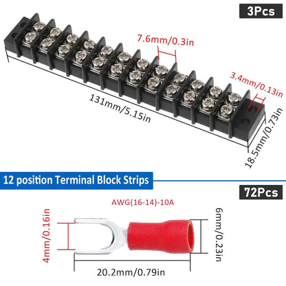3sets 10 Position Terminal Strips， Dual Screw Terminals Block Strip with 16-14AWG Insulated Fork Wire Connectors for Electrical Wiring
