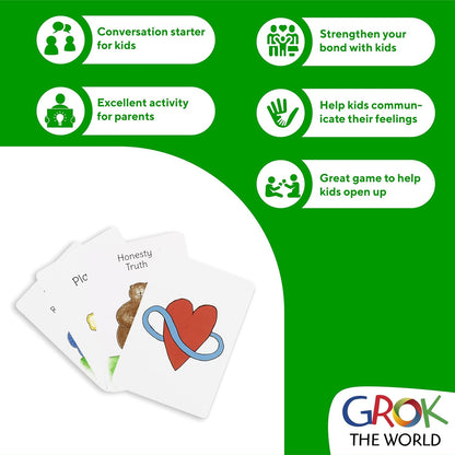 GROK Kids Conversation Cards for Ages 3-10 | Children Play to Learn, Build Confidence, and Express Emotions | Learning Aid for Parents and Professionals | 22 Games, Booklet Included