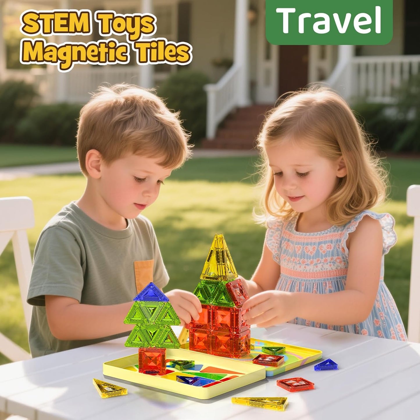 Magnetic Tiles for Kids Ages 4-8, Magnetic Blocks Travel Set with Diamond Surface & Metal Storage Box, 60PCS STEM Learning Toys, Educational Building Gifts for 3-8 Year Olds