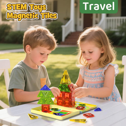 Magnetic Tiles for Kids Ages 4-8, Magnetic Blocks Travel Set with Diamond Surface & Metal Storage Box, 60PCS STEM Learning Toys, Educational Building Gifts for 3-8 Year Olds