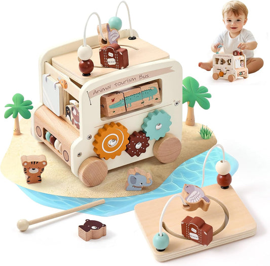 Wooden Activity Cube - 8 in 1 Montessori Toys Boys Girls, Multipurpose Educational Learning Toys for Toddlers Baby Activity Cubes with Animal Tourism Bus Theme
