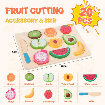 Wooden Cutting Fruit Puzzles for Kids 3 4 5 Years,Wooden Peg Puzzles for Play Food-Cutting Fruits for Toddlers 2-4 Years,Pretend Play Kitchen Accessory,Montessori Educational Toys Gift for Boys Girls