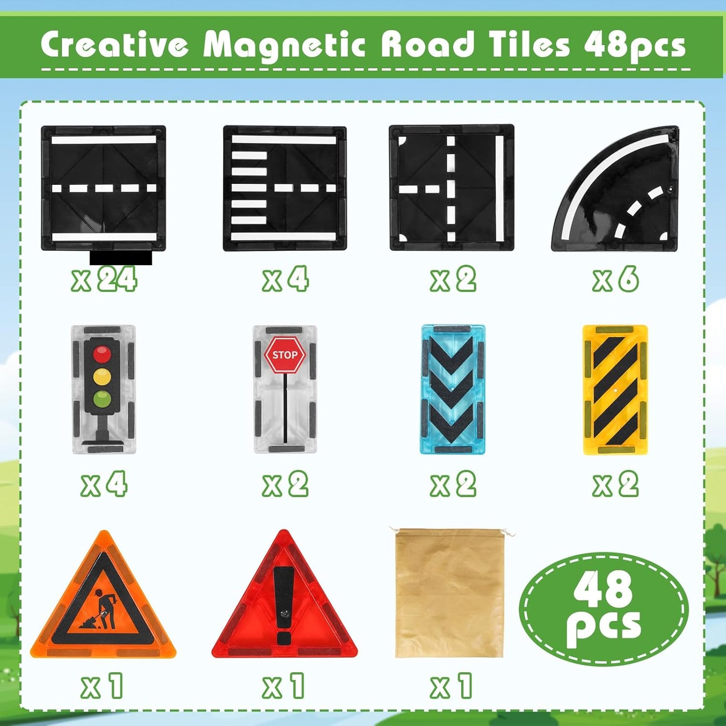 Magnetic Tiles Road Expansion Pack 48 PCS, Magnet Road Tiles for Kids Ages 3-5 4-8 5-7, Expansion Magnetic Building Blocks Educational STEM Creativity Toys 3+ Year Old Boys & Girls Toddlers Kids Gifts
