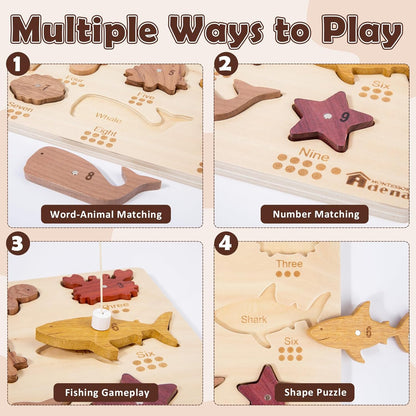 Adena Montessori Natural Wood Wooden Toy Magnetic Fishing Game, Wooden peg Puzzle 2 in 1 for Toddlers, Wooden Puzzle for 2-3 Years Old, Puzzle with Digital Ocean Animal Advanced Toys for 2 Year Old