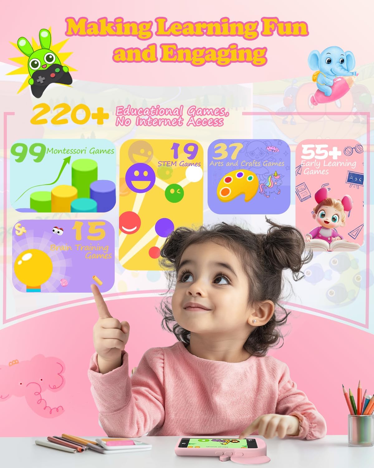 MOMILLA Kids Smart Phone Toys for Girls, 3.97” Touchscreen, Dual Cameras with Stickers, 200+ Games & 16GB Storage, Christmas Birthday Gifts for Kids Age 3-10, Educational Mini Toddler Play Phone Toy