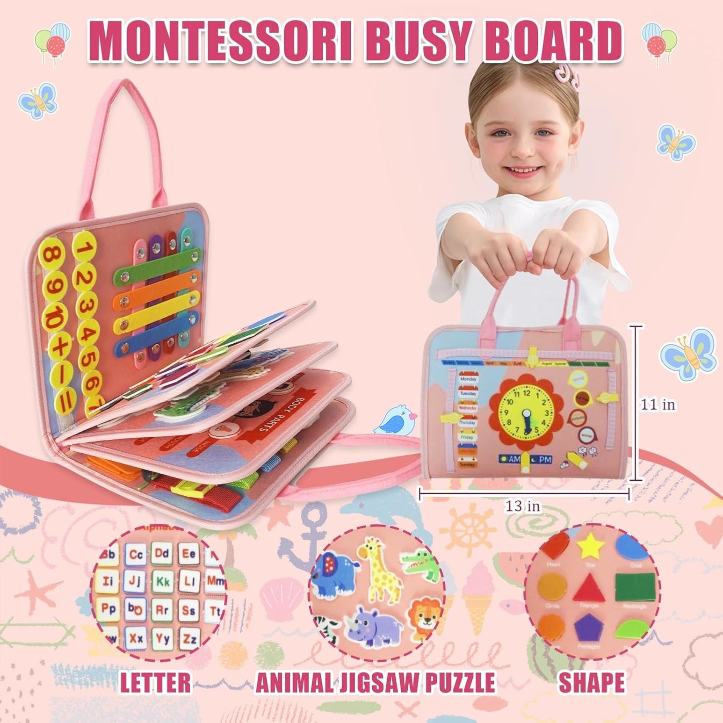 Toddler Busy Board-Montessori Toys for Boy Girl Birthday Gift, Sensory Learning Toys for Toddlers Busy Book, Airplane Car Travel Activities Toy,Learn Fine Motor Skills