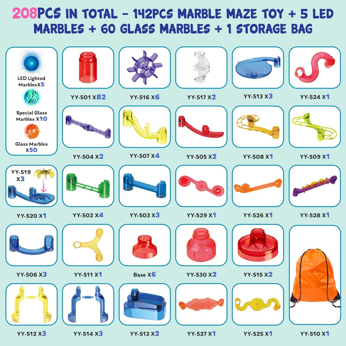 Meland Marble Run - 132Pcs Marble Maze Game Building Toy for Kid, Marble Track Race Set & STEM Learning Toys for Boy Girl Age 3 4 5 6 7 8 9+ (102 Translucent Marbulous Pcs & 30 Glass Marbles)