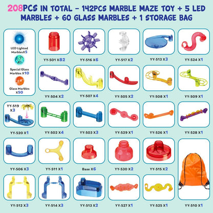 Meland Marble Run - 132Pcs Marble Maze Game Building Toy for Kid, Marble Track Race Set & STEM Learning Toys for Boy Girl Age 3 4 5 6 7 8 9+ (102 Translucent Marbulous Pcs & 30 Glass Marbles)