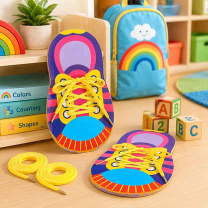 LUOZZY 10 Sets Shoe Trying Practice for Kids Shoelace Threading Teaching Toys Learn to Tie Shoelaces Toy Fine Motor Skills Toy Threading Game for Kids, Random Color