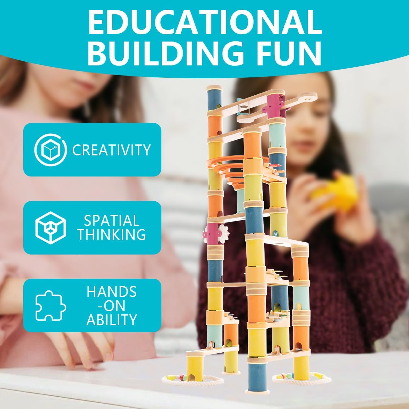 Bamboo Marble Runs Building Construction Toy Set with Musical Ball, 146pcs Simple Maze for Children Age 4+