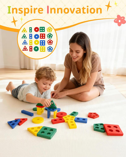 Montessori Wooden Threading Beads Set for Toddlers 3 4 5, Bead Sequencing & Stacking Toy with Pattern Cards, Lacing Beads, Shape Matching Stacker, Fine Motor STEM Learning Gift