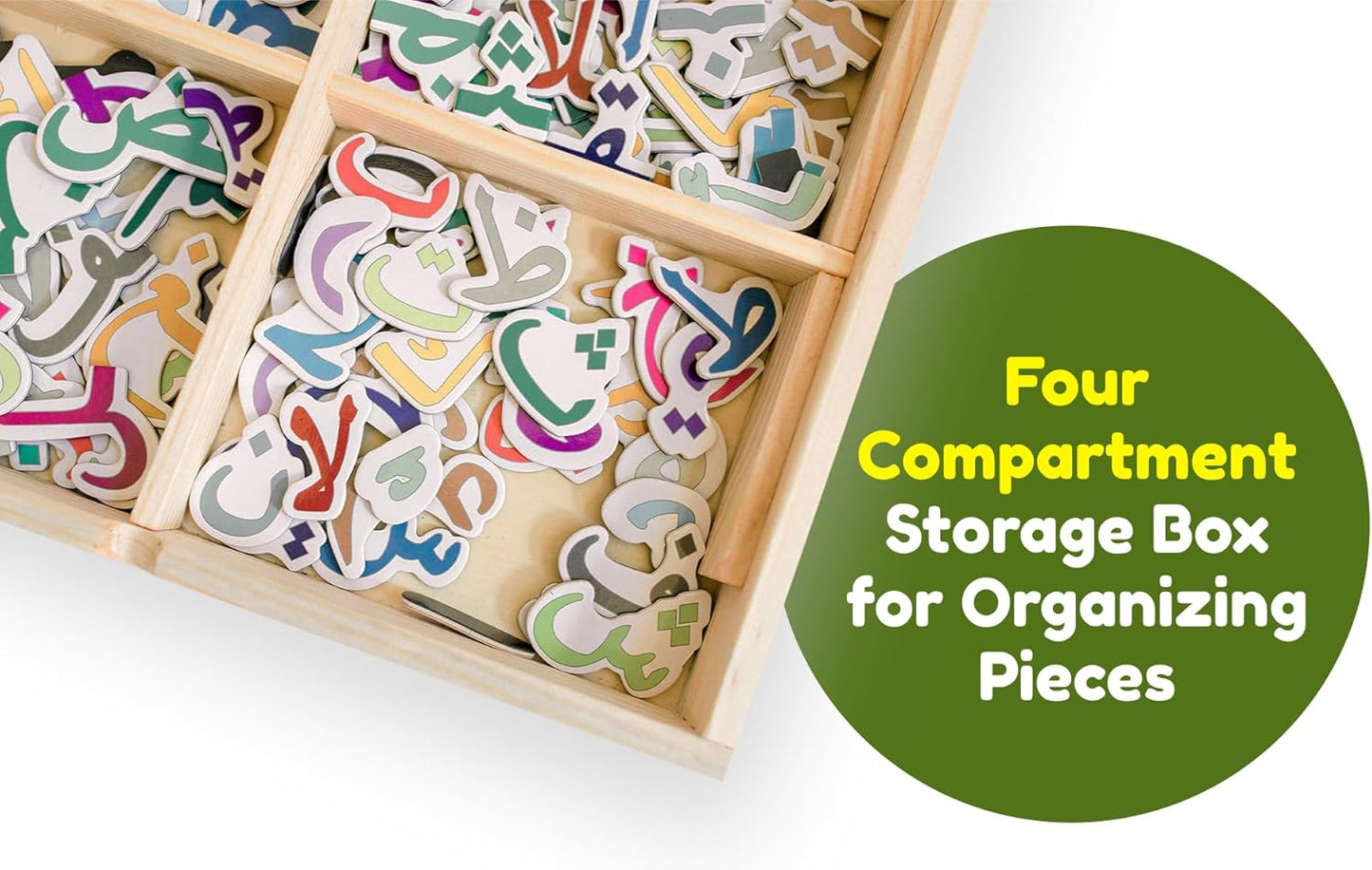 ILM Toolbox Build-A-Word Magnetic Arabic Letter Alphabet Set for Kids, 143 Wooden Arabic Letters in a Wooden Storage Box with Dry Erase Board