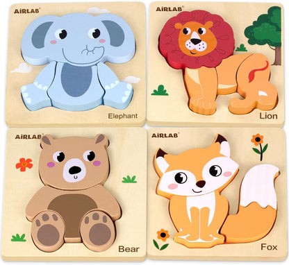 Wooden Puzzles for Toddlers 1 2 3 Year Old Animals Shape Puzzle Toys for Travel Airplane Gift for Kids Montessori Early Development Gifts for Baby Boys Girls with Drawstring Bag Pack of 4