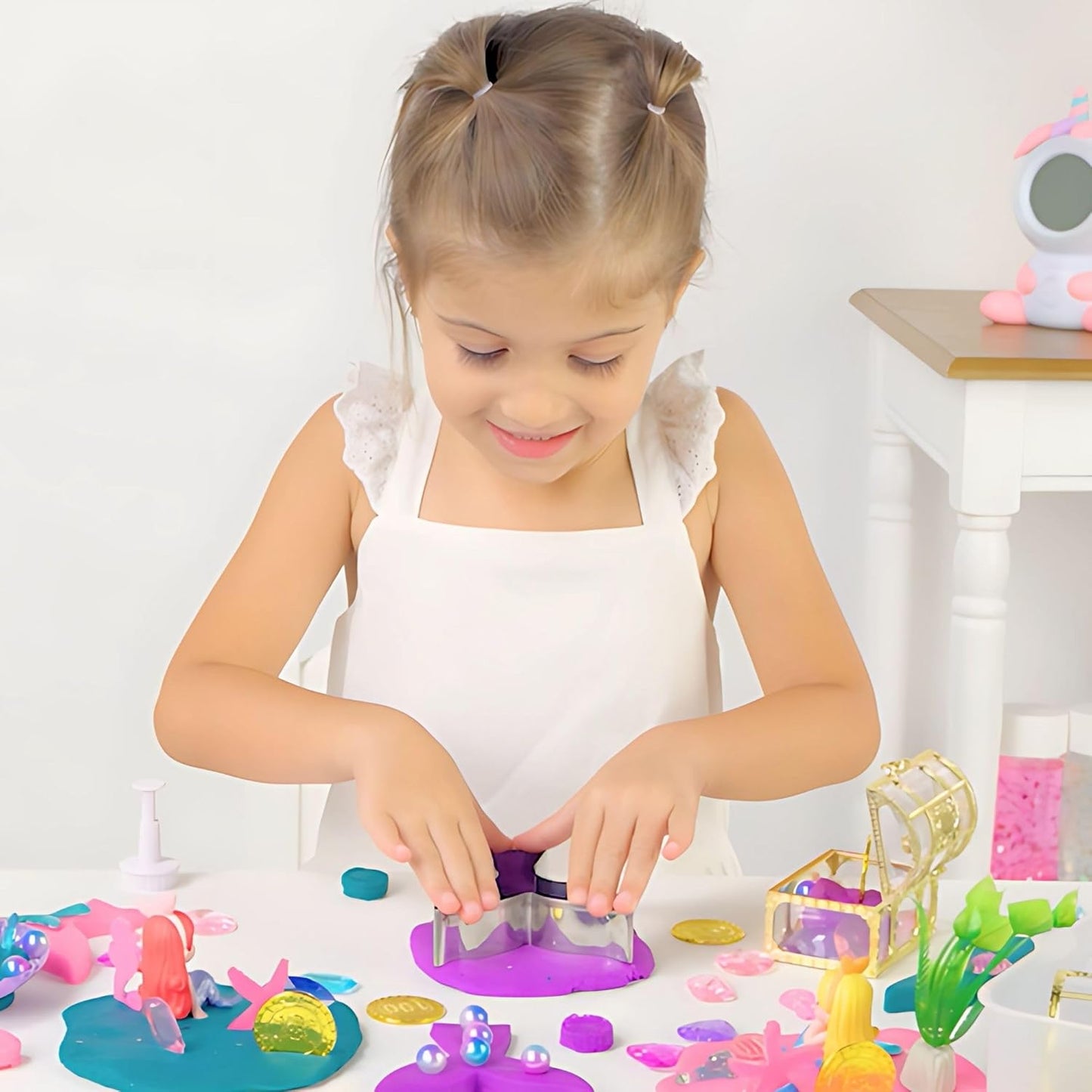Unicorn Sensory Dough Kit (3 Jars) Non-Toxic Dough with Unicorn Cutters, Charms, Rainbow, Pom Poms, Diamonds, Gems, and Stackable Storage - Perfect for Creative Play and Gift for Kids