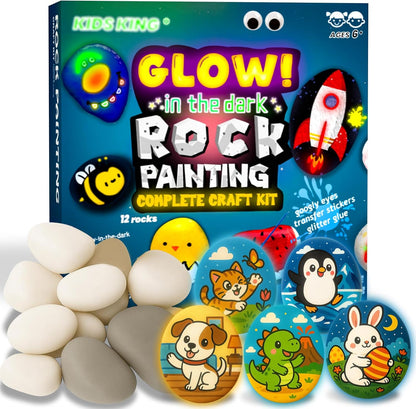 KIDS KING Glow in Dark Rock Painting Kit for Kids Ages 6-12, Art Craft for Party Drawing Activity, Creative Art Party Favors, Arts & Crafts Kit for Boys Girls Birthday Party Gift Toy