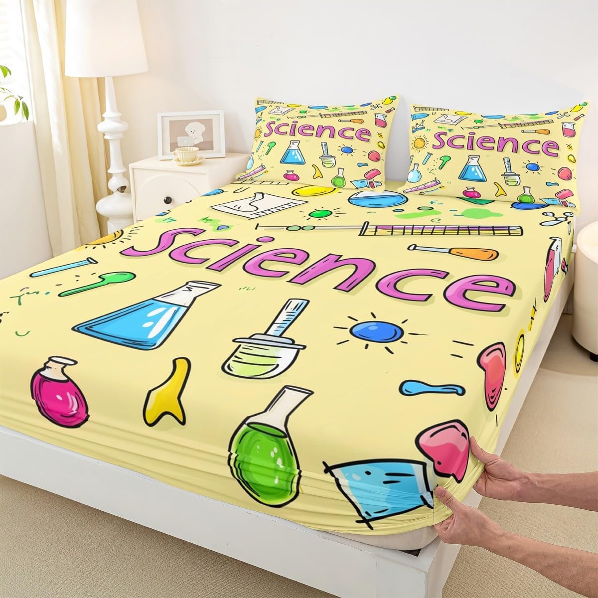 Chemistry Bed Sheets for Kids Teens Girls Boys,Chemical Experiment Fitted Sheet Twin,Science Themed Sheets for Math Lovers,Chemistry Lab Bedding Set,White and Black
