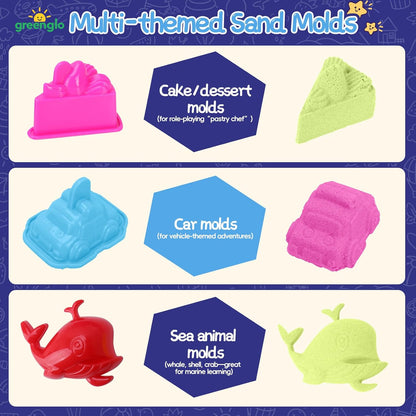 greenglo Kids Sensory Magic Sand Playset - 1.10 Lbs Color Sand Kit, 16 Pcs Molds (Cake/Dessert, car, sea Animal) & Tools, Ideal Sensory Bin for Boys & Girls Ages 3-8