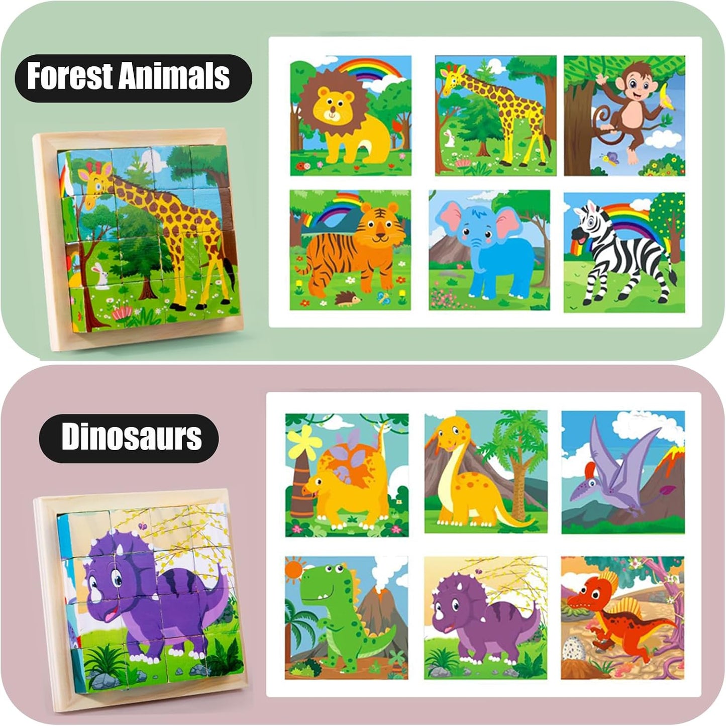 24 Jigsaw Puzzle Designs Cube Wooden Puzzles with Storage Tray,Toddler Kids Puzzles Ages 3 4 5 6,Educational Learning Montessori Toys for 3 4 5 Year Old