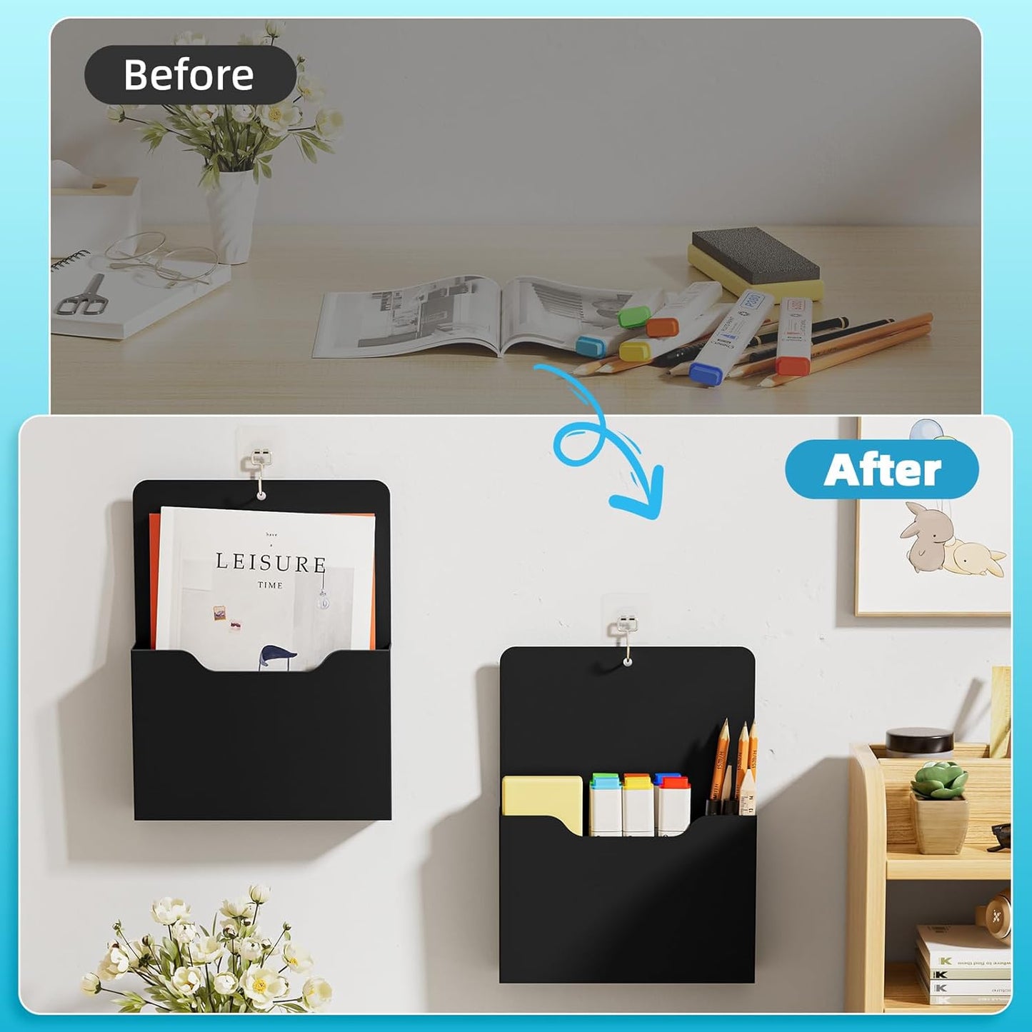 Magnetic File Holder - Magnetic Paper Holder, Pocket Organizer Office Supplies Storage Mail Organizer for Notebooks,Planners,Letter (Black)