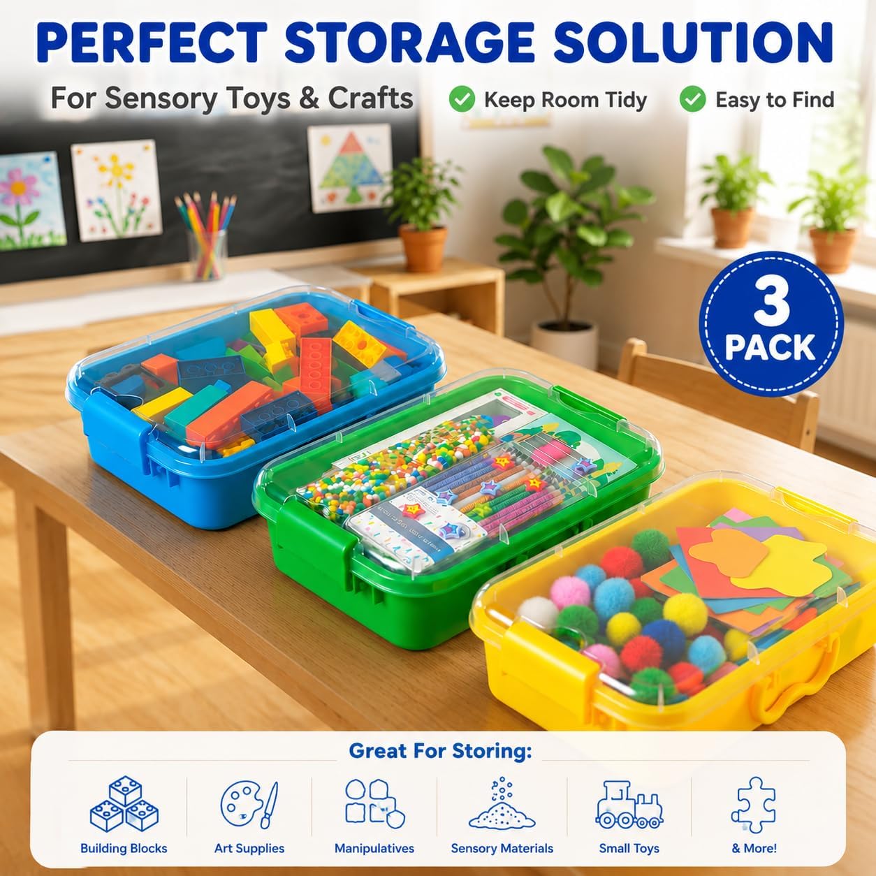 Carolart 3 Pack, Empty Sensory Bin, Wheat Straw Material，13.5 Inch Storage Container, Portable Plastic Storage Bins, Stackable Play Tray for toys,arts,crafts and sand.