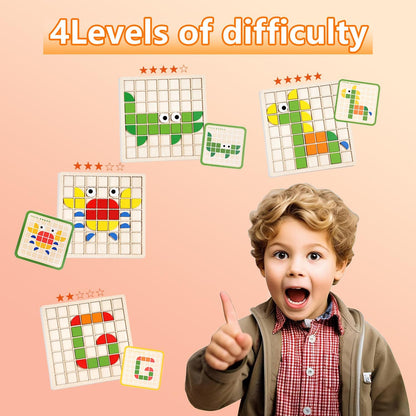 Mosaic Shape Wooden Pattern Blocks Puzzle, 120 PCS Wooden Pattern Blocks with 20 Pcs Reference Cards,Kindergarten Classic Educational Geometric Shape Puzzle Toys for Kids Ages 4-8